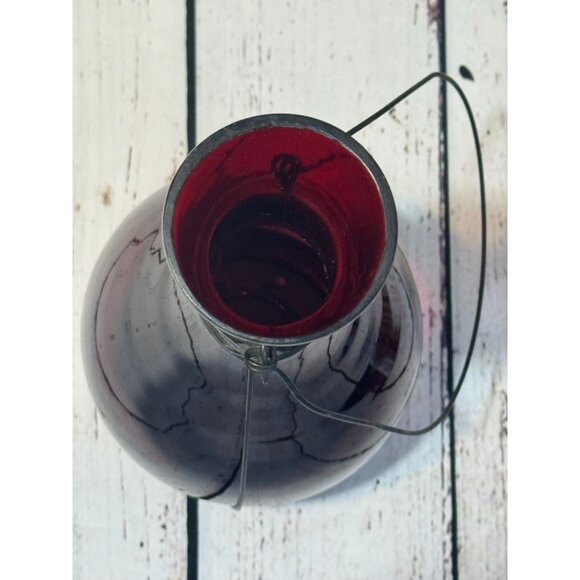 Vintage Red Glass Hanging Lantern Tea Light Holder With Metal Wire Wrap & Handle - Picture 3 of 11